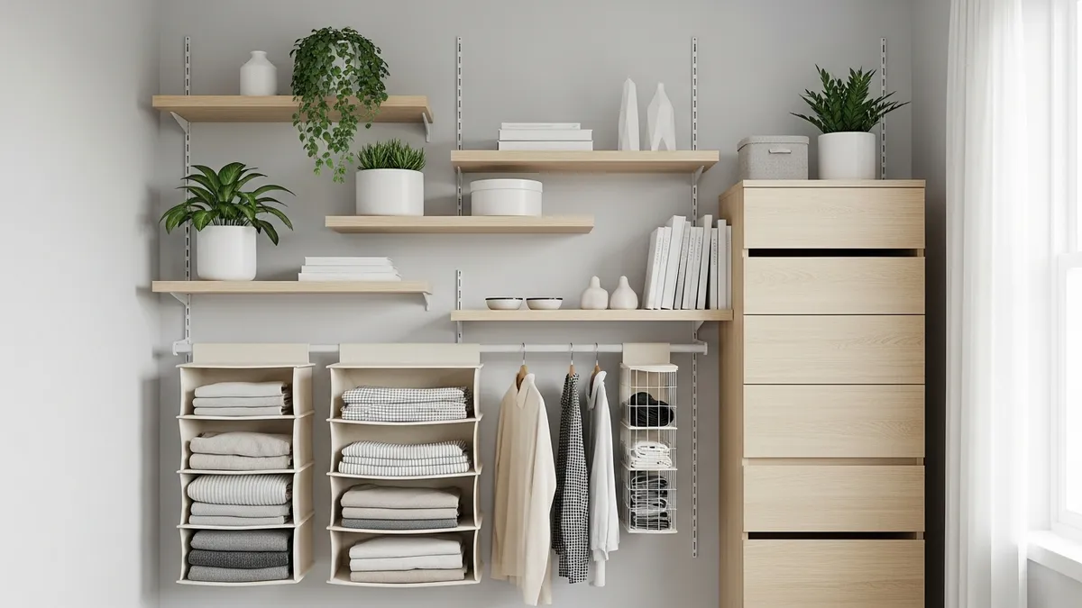 Vertical storage solutions for small bedroom utilizing wall space with floating shelves and hanging organizers