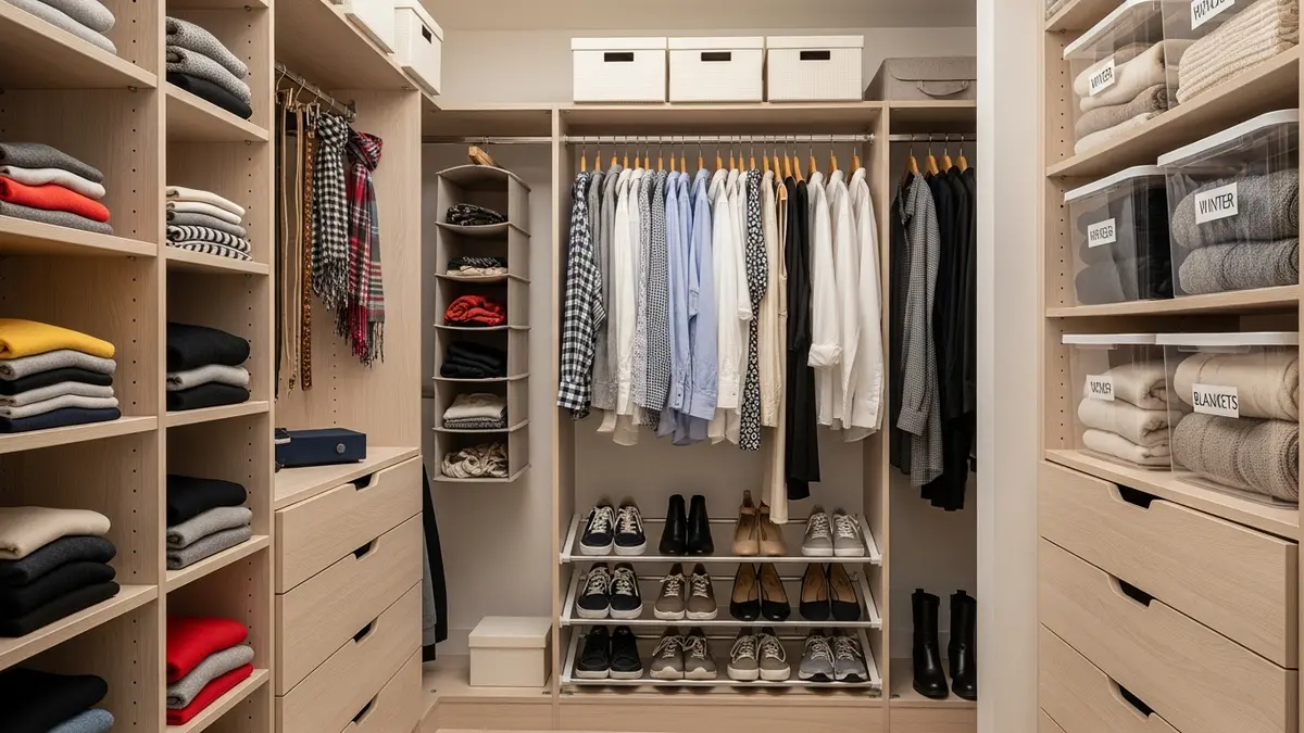 Organized bedroom closet with shelves, hanging organizers, shoe racks, and labeled storage bins