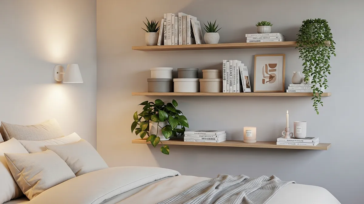 Floating wall shelves in bedroom with books, plants, and decorative storage boxes