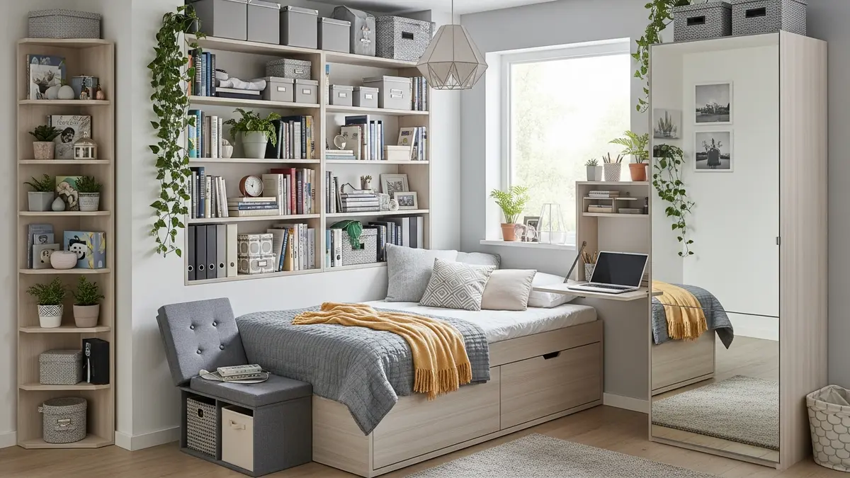 Small bedroom maximized with vertical storage, built-in bed drawers, and multi-functional furniture