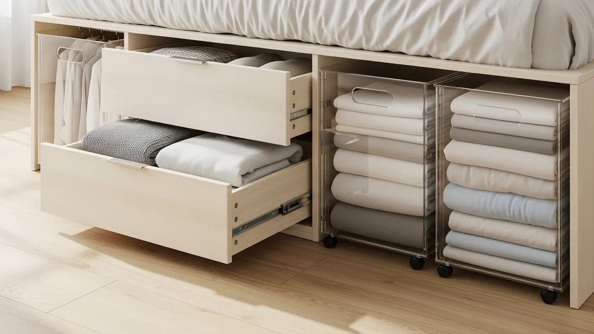 Under-bed storage drawers and rolling bins organized with folded clothes and bedding