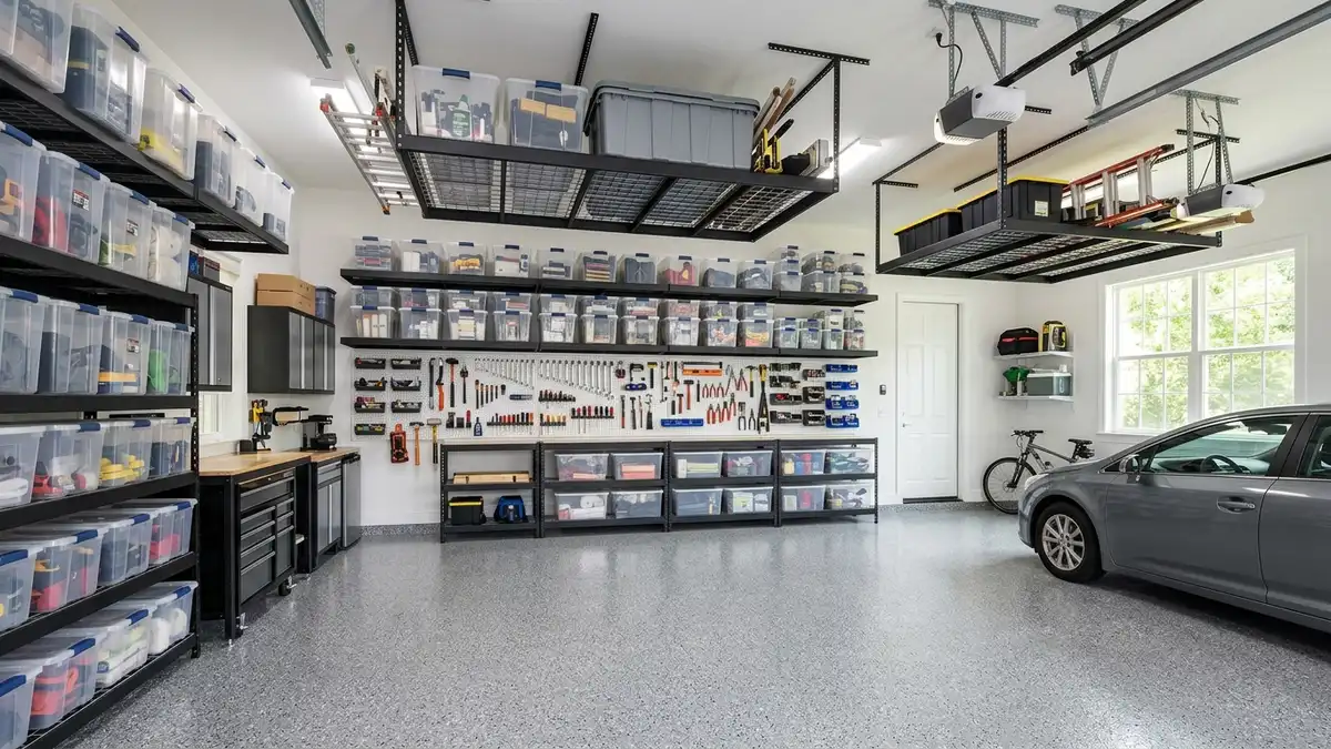 Organized garage interior with wall-mounted metal shelving, overhead storage racks, pegboard organizer, and labeled clear storage bins