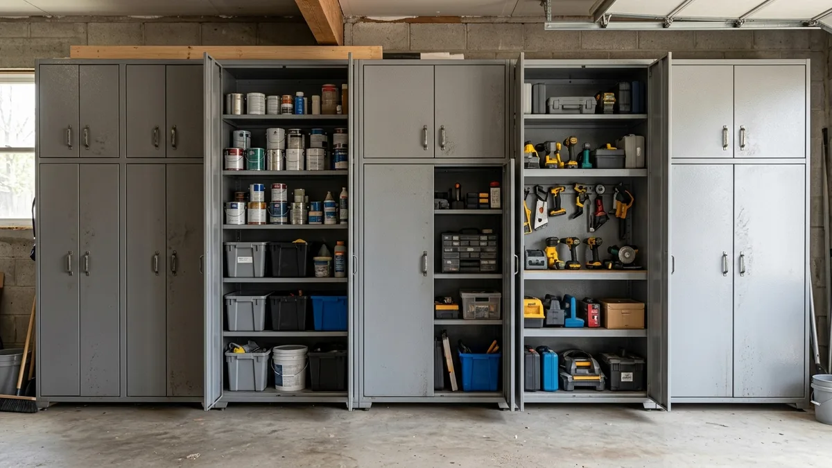 Freestanding heavy-duty garage storage cabinets with closed doors and open shelving holding tools and supply bins
