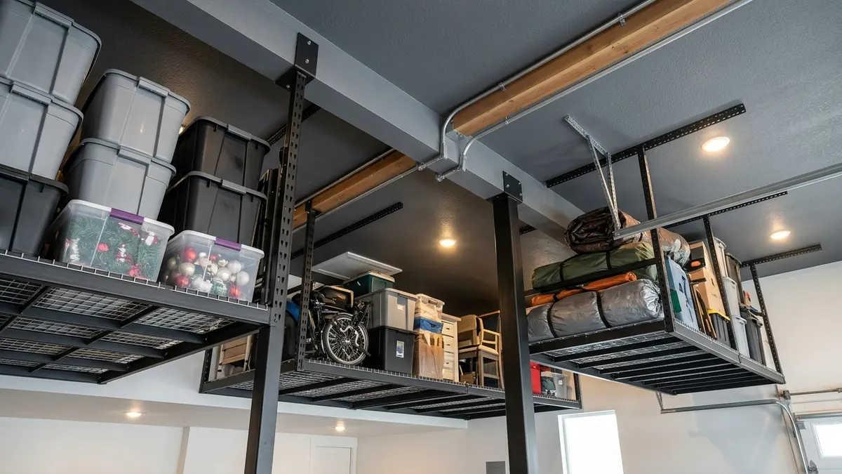 Metal ceiling-mounted overhead storage platform racks in a garage holding large plastic bins and seasonal items