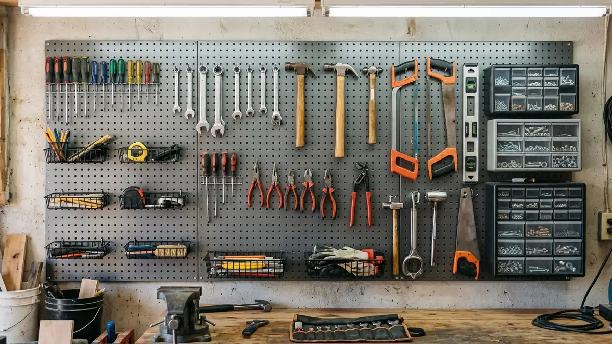 Steel pegboard wall panel with hooks, baskets, and hand tool organizers mounted in a garage