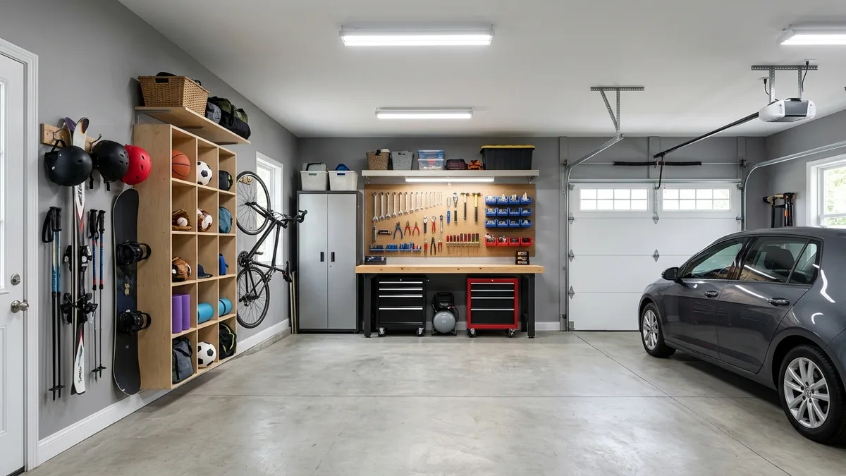 Organized garage divided into zones with sports equipment wall hooks, tool workshop section, and clear parking bay