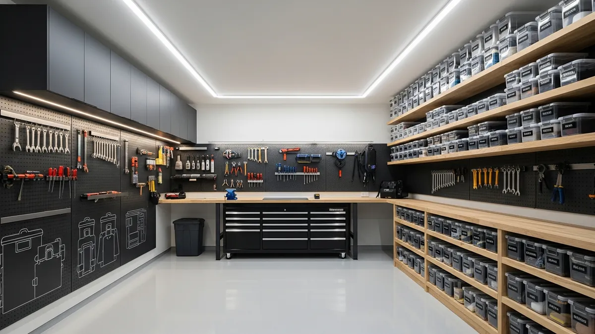 Well-organized garage showing various storage solutions including wall-mounted shelves, tool organizers, and storage containers