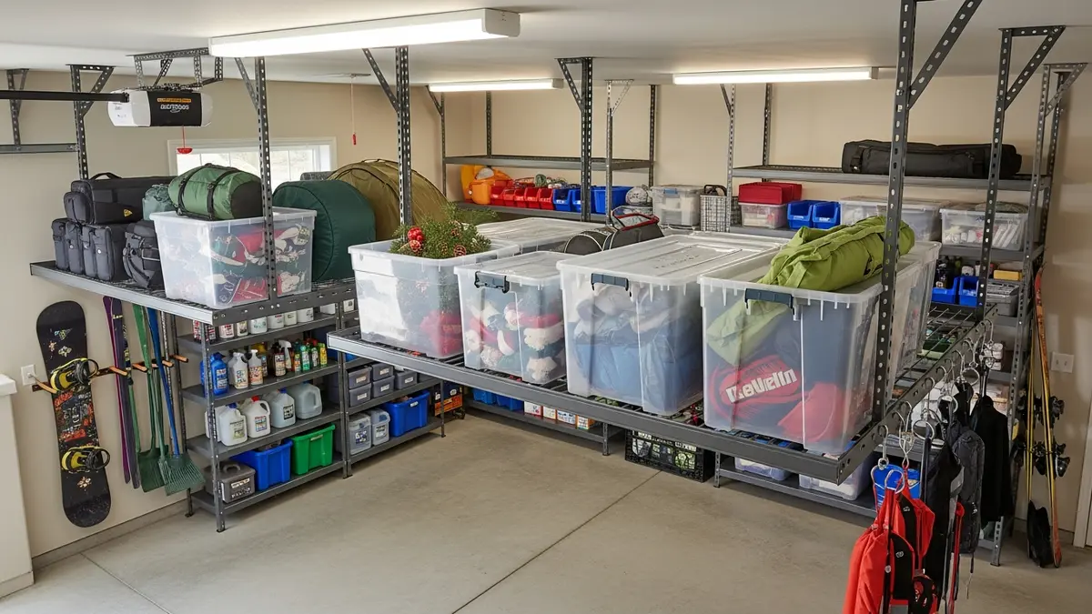 Overhead ceiling storage racks in garage maximizing vertical space for seasonal storage