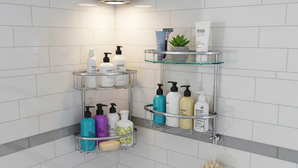Corner bathroom storage organizers and shower caddy for small spaces