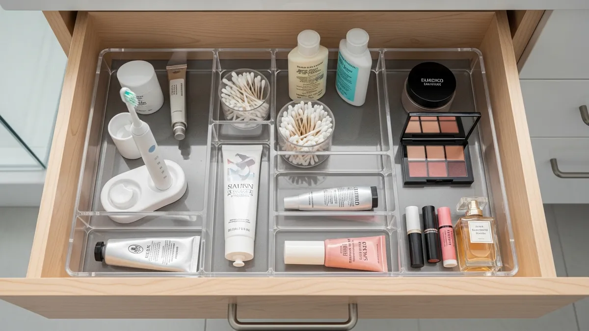 Organized bathroom vanity drawer with storage dividers and compartments