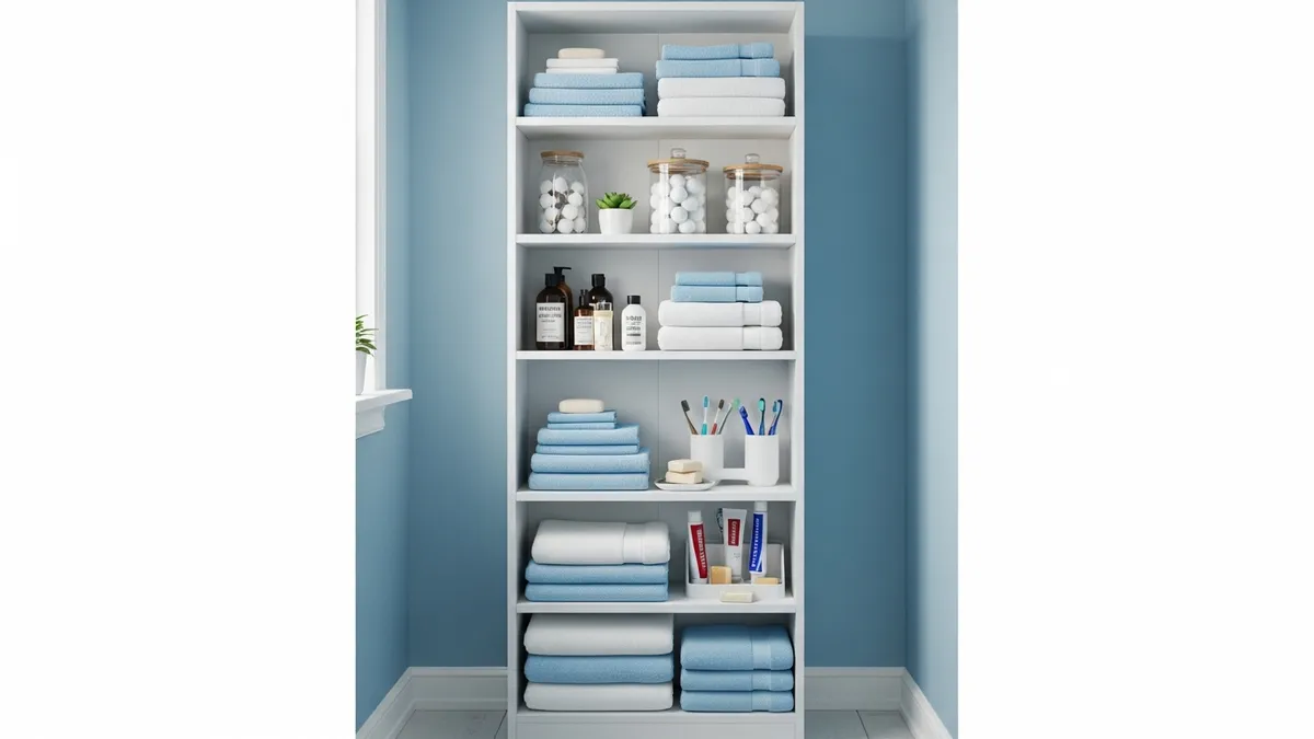 Vertical storage solutions for small bathroom with tall cabinet and shelves