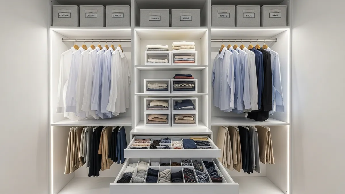Fully organized small bedroom closet with stackable boxes and drawer dividers for maximum storage