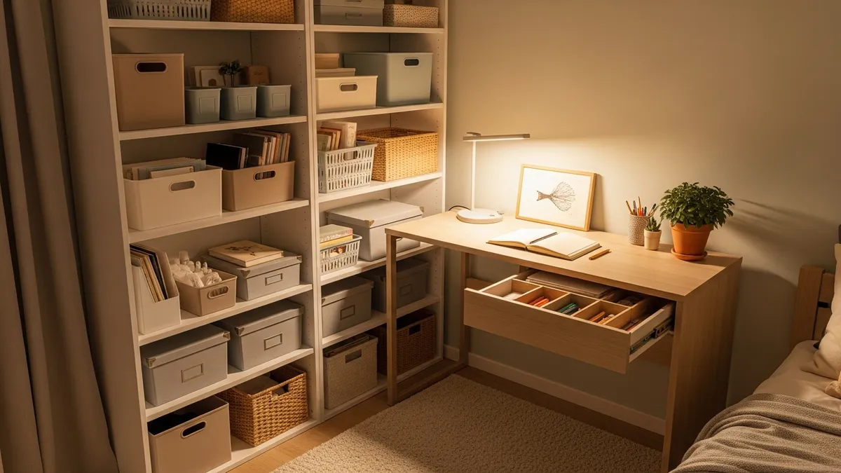 Corner shelf unit and desk organizer as creative storage space ideas for small bedroom