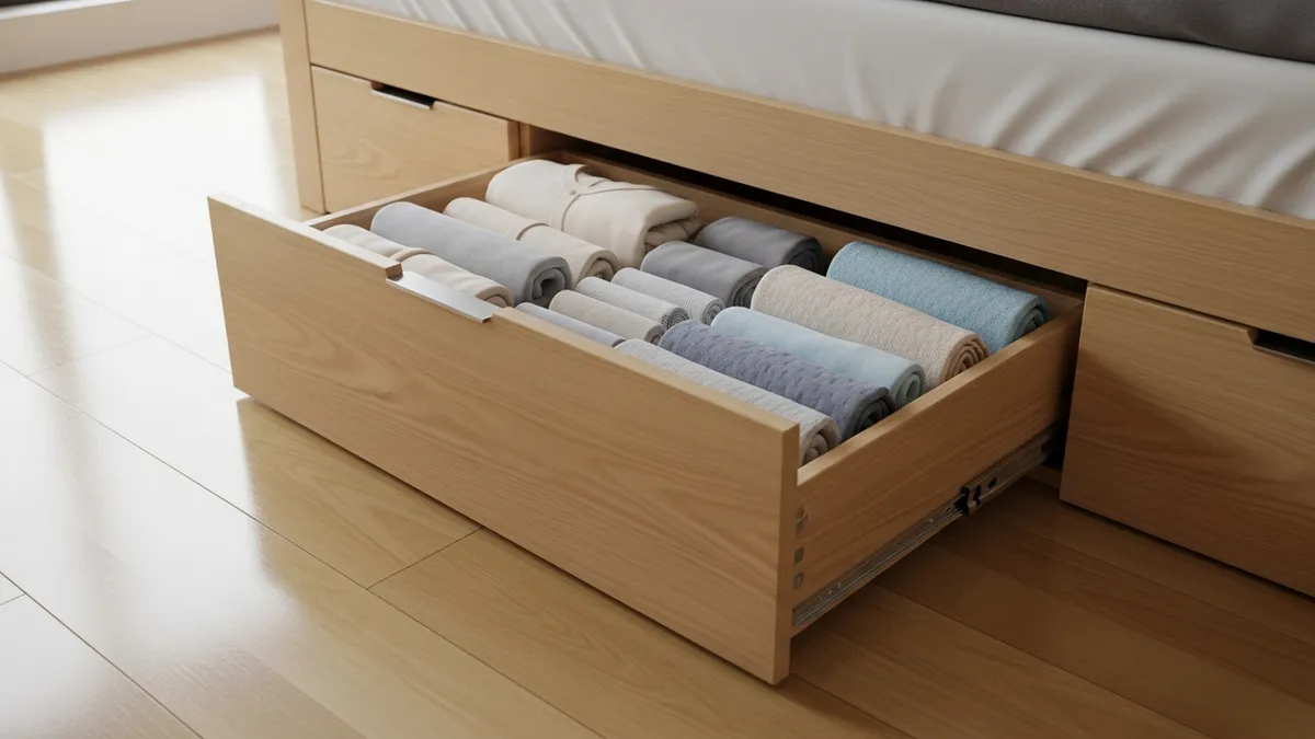 Under-bed storage drawers as smart storage space idea for small bedroom