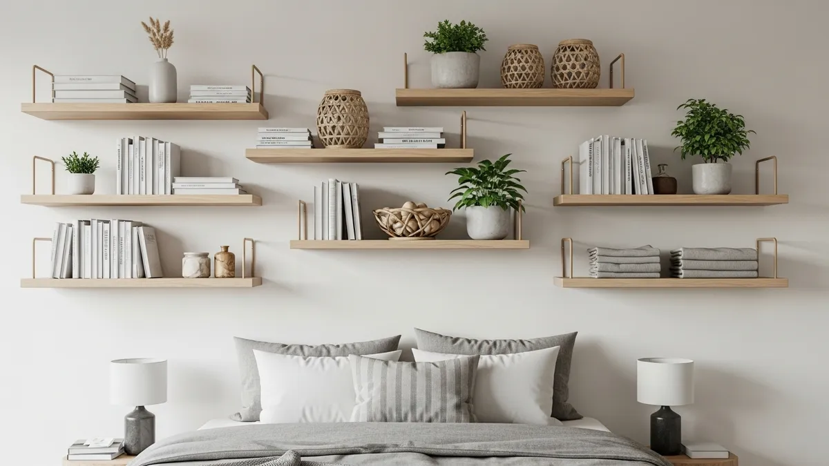 Floating wall shelves above bed for maximizing storage space in small bedroom