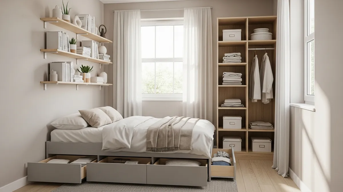 Small bedroom with smart storage space ideas including floating shelves, under-bed drawers, and slim wardrobe organization