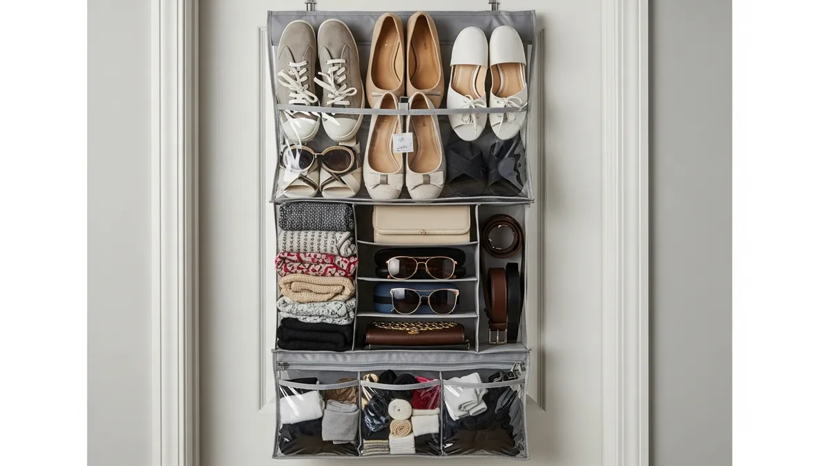 Over-the-door organizer on closet door adding extra storage space in small bedroom