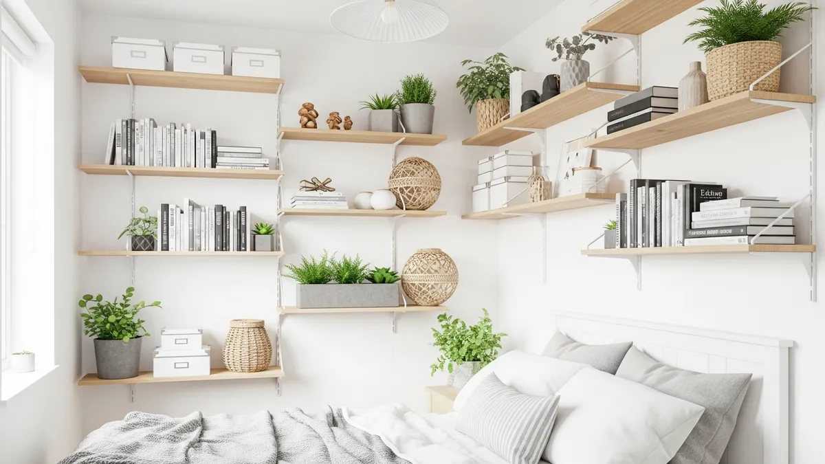 Floating wall shelves as vertical storage space ideas for small bedrooms