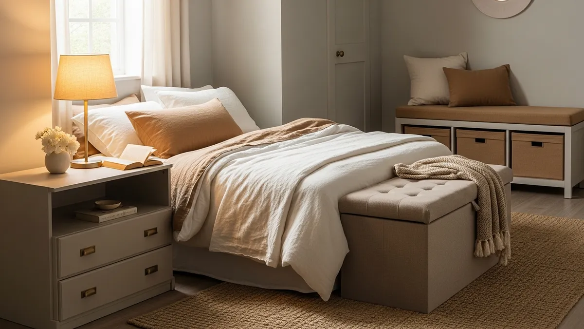 Multifunctional furniture pieces providing clever storage space in a small bedroom