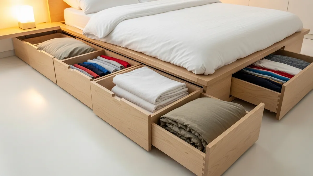 Under-bed storage drawers in a small bedroom maximizing hidden storage space