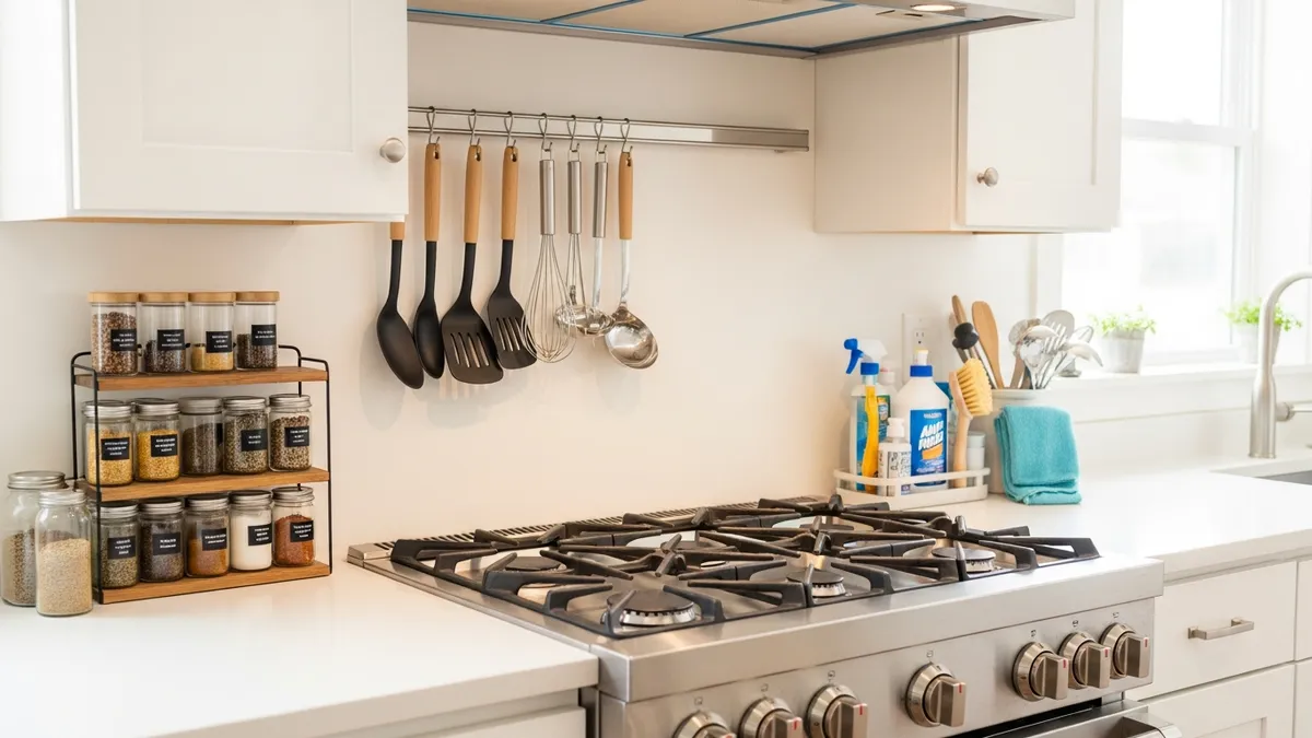 Well-maintained stove cabinet with organized kitchen accessories