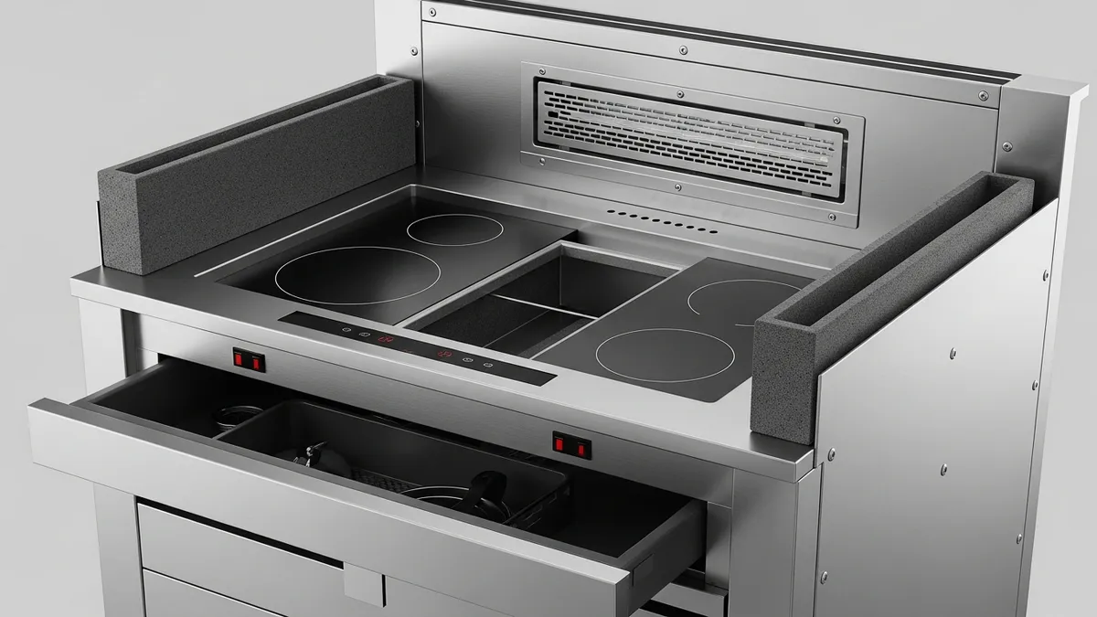 Stove cabinet safety features and heat-resistant materials