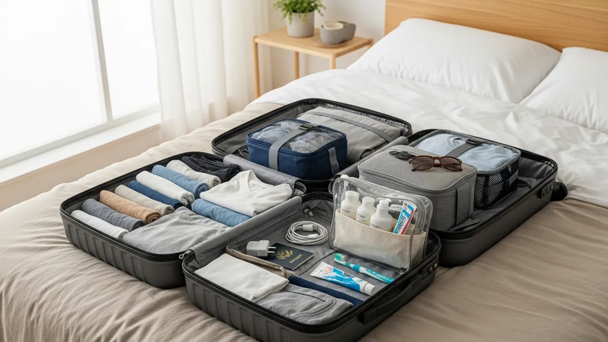 Organized open suitcase with packing cubes and neatly folded clothes showing expert suitcase packing tips