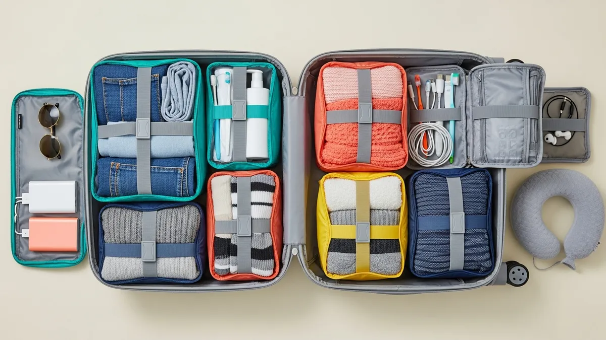 Colorful packing cubes organized inside a suitcase to separate clothing categories for efficient packing