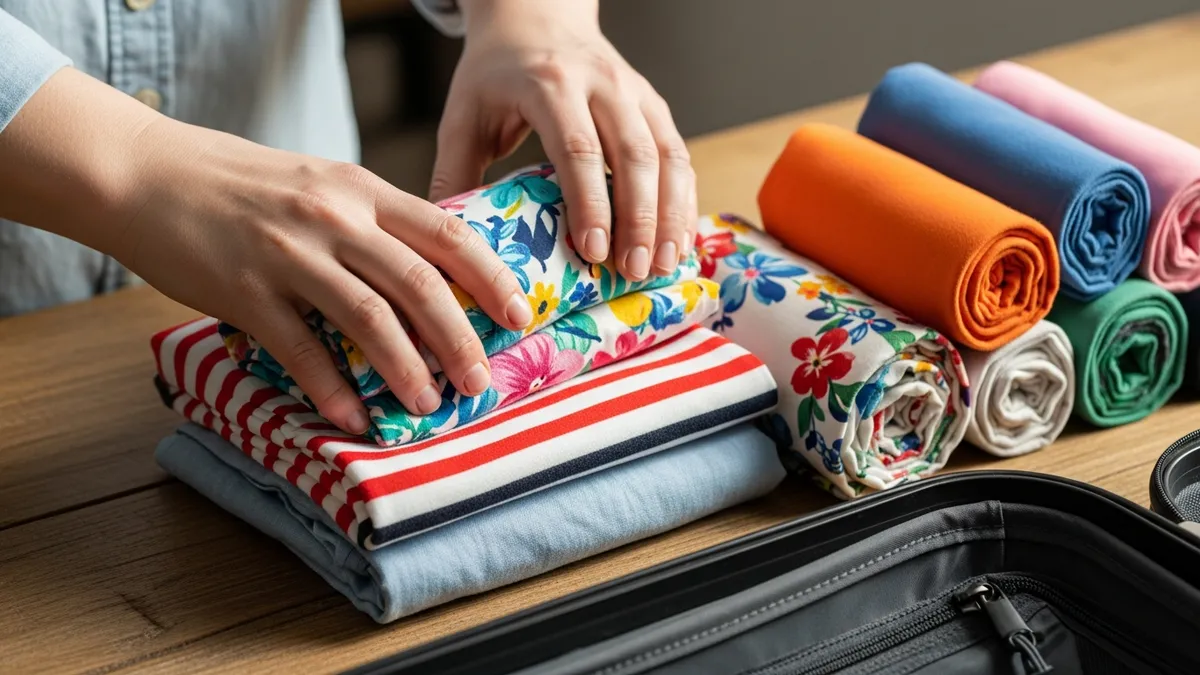 Hands rolling clothes tightly to save space using the rolling method for suitcase packing