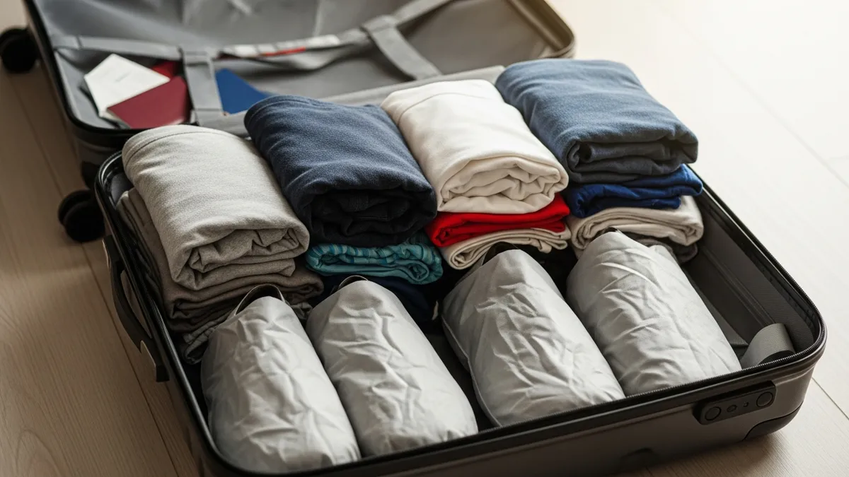Shoes in shoe bags packed along the suitcase edge as part of smart suitcase packing tips