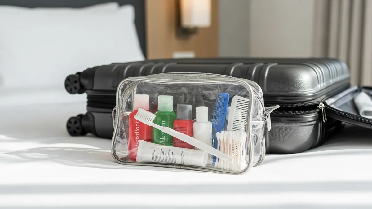 Clear travel toiletry bag with organized travel-size products for suitcase packing