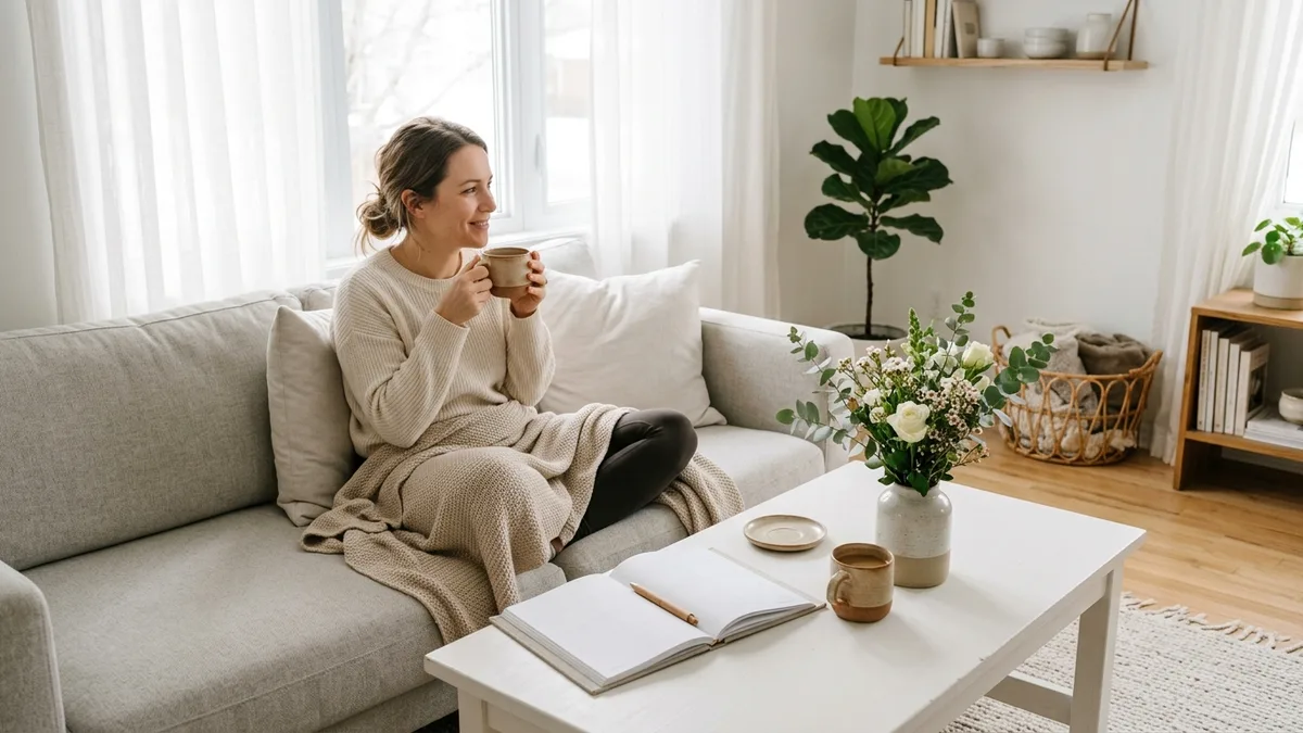 Woman enjoying a calm Sunday morning with a planner and coffee in a neatly organized living room