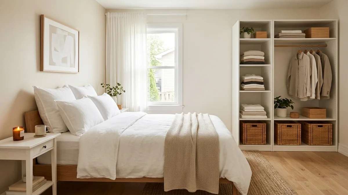 Freshly made bed and neatly organized white modular wardrobe shelving in a calm bedroom on a Sunday reset morning