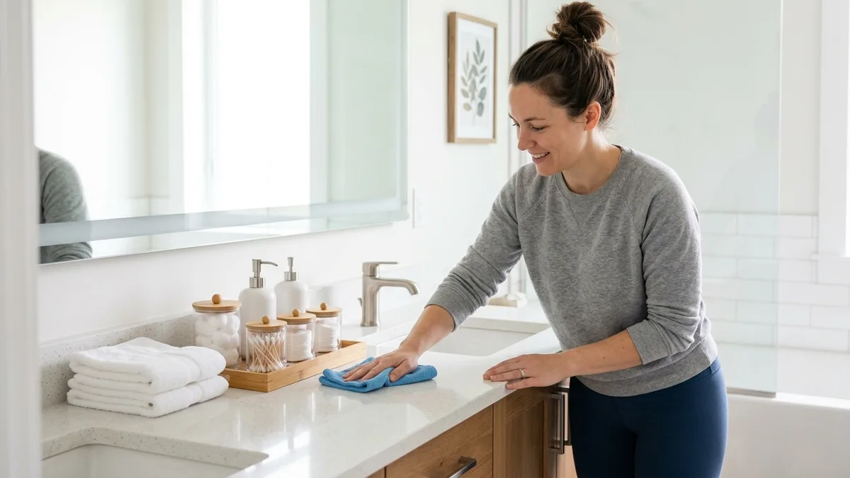 Person tidying a bathroom countertop with neatly arranged ceramic dispensers and folded towels during a Sunday home reset routine
