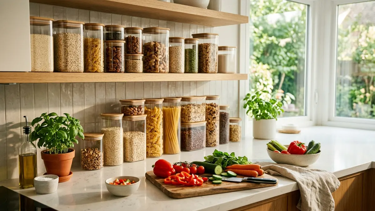 Organized kitchen countertop with clear airtight food storage containers and fresh meal prep ingredients on a Sunday reset day