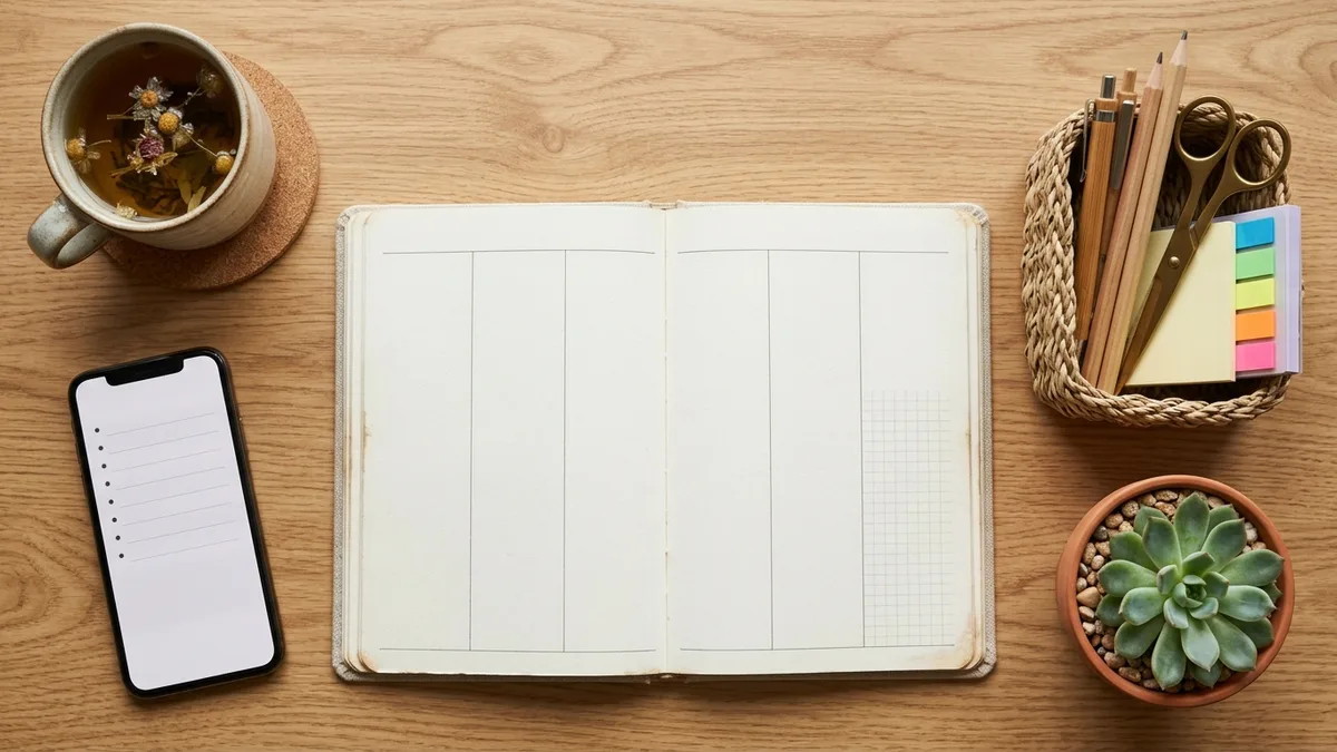 Overhead flat lay of a weekly planner, herbal tea, small plant, and organized desk supplies for a Sunday planning session