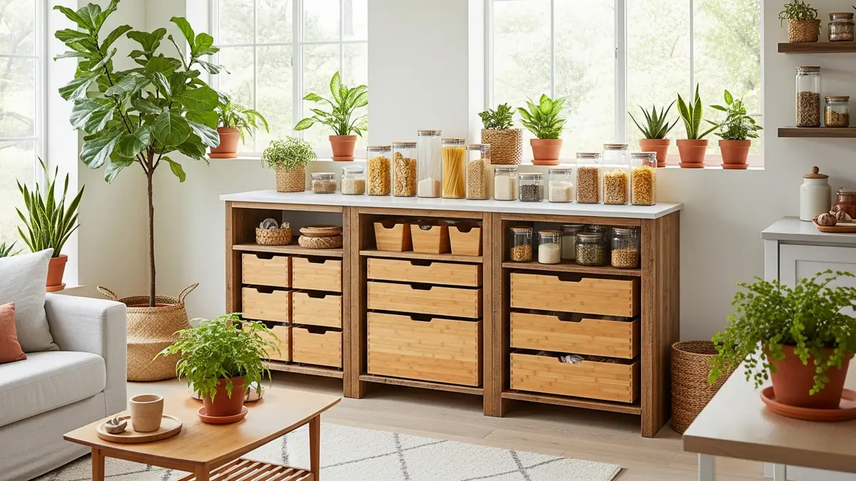 Sustainable living home interior with eco-friendly storage solutions and organization products
