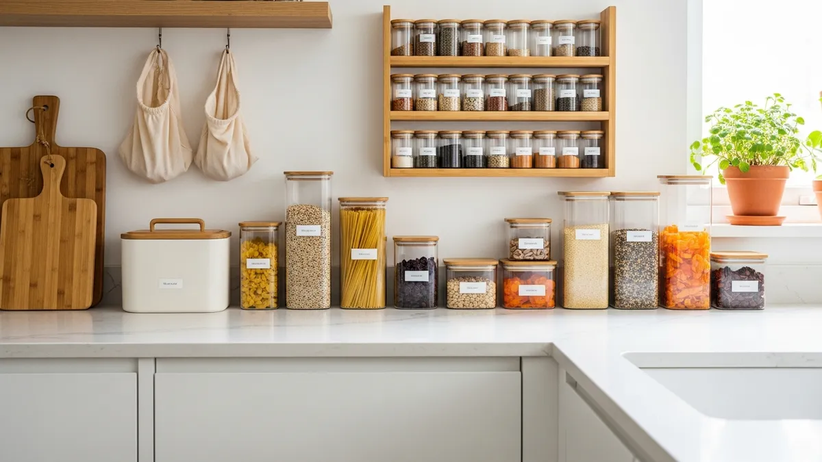 Sustainable kitchen storage solutions with glass containers and bamboo organizers