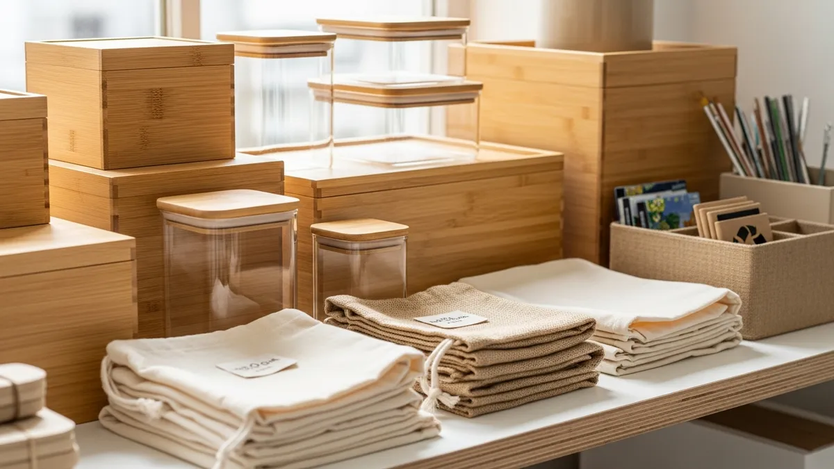 Eco-friendly storage solutions featuring bamboo and glass containers for sustainable home organization
