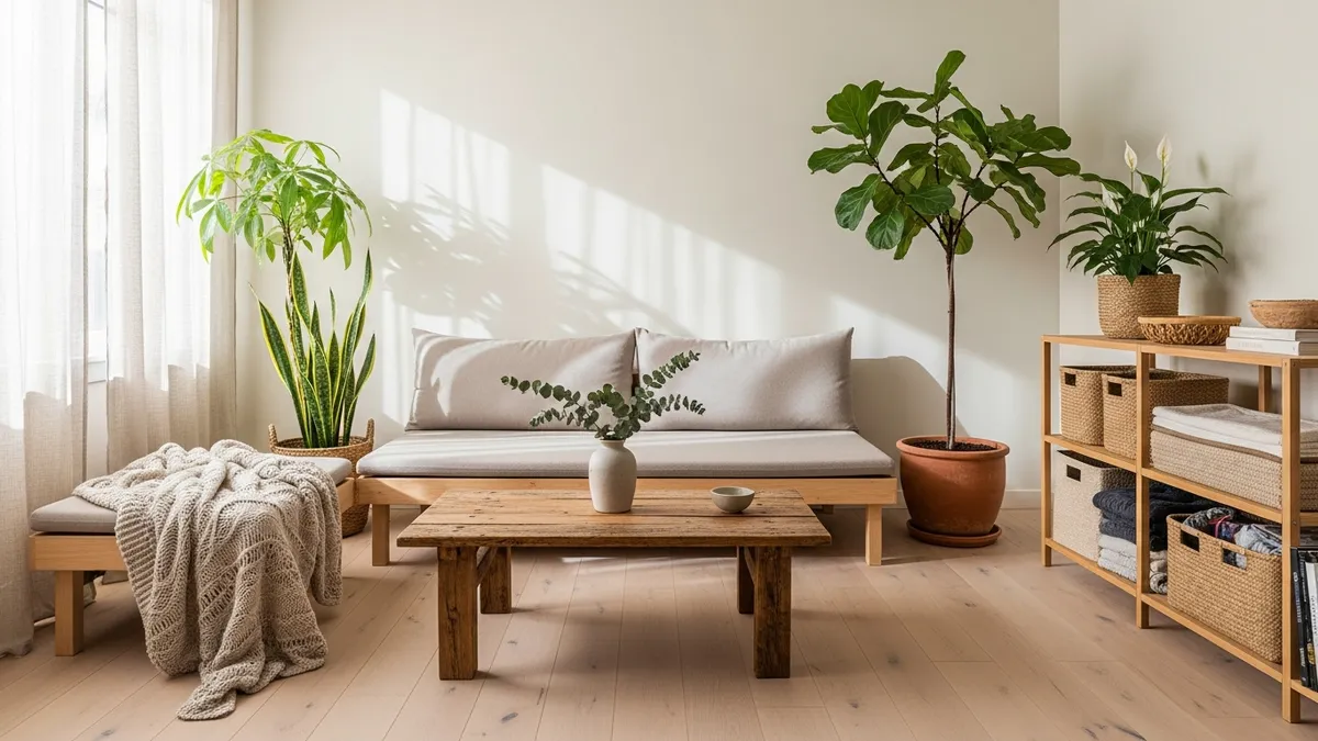 Sustainable living room design with eco-friendly storage solutions and natural materials