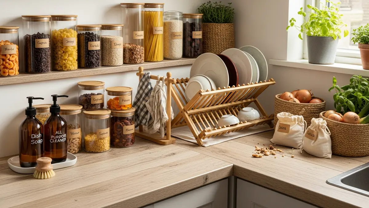 Sustainable kitchen organization featuring eco-friendly storage containers and zero waste solutions