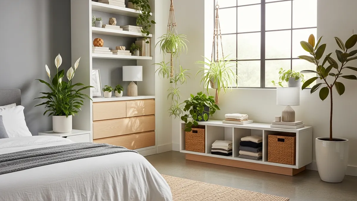 Air purifying house plants in organized bedroom with modern storage