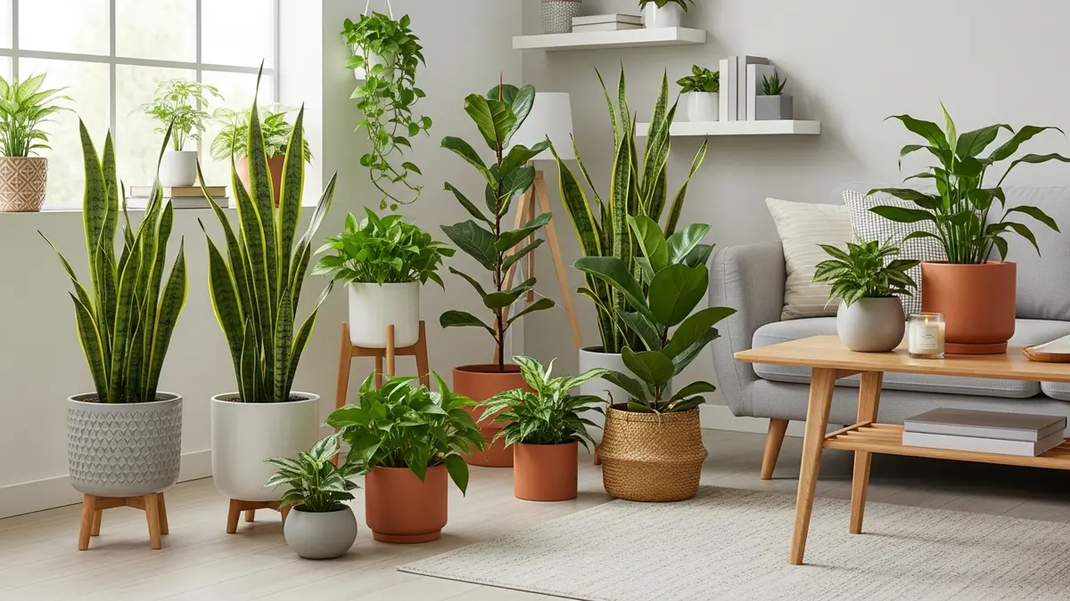 Beautiful house plants arranged in modern living room with organized storage solutions