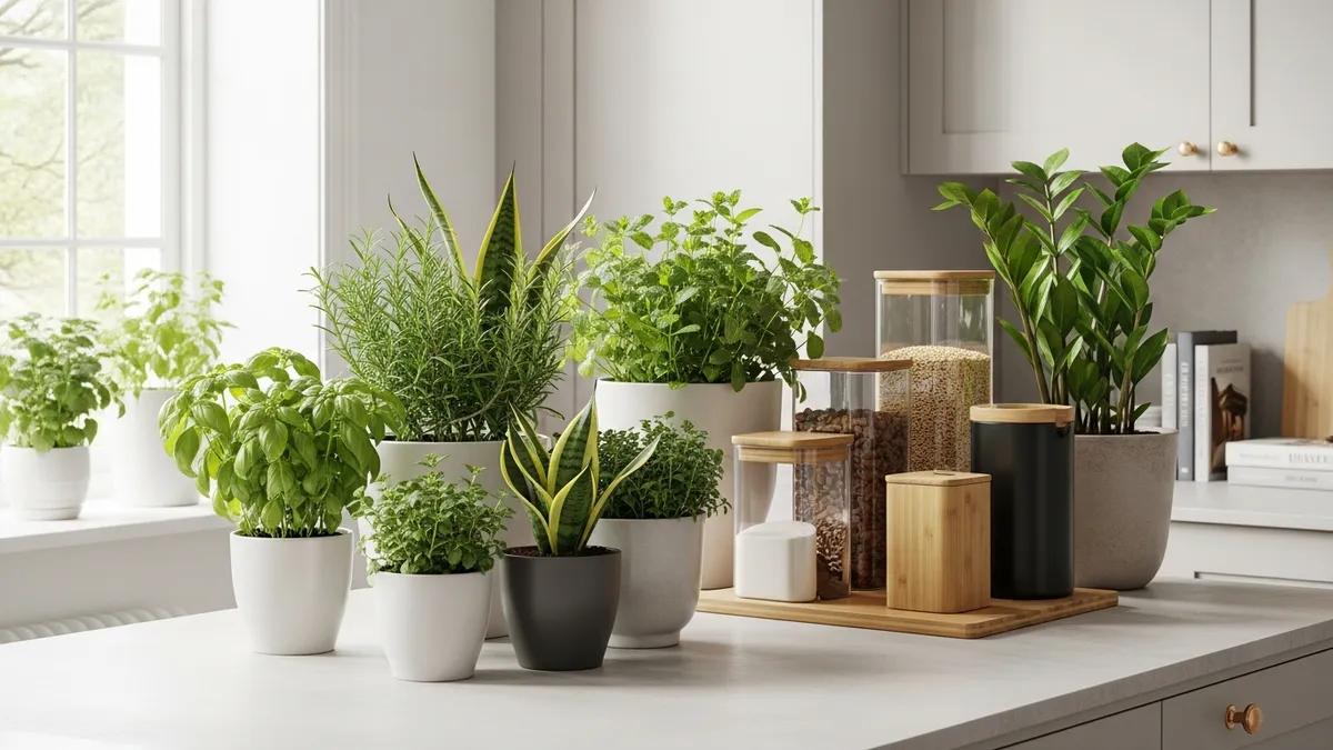 Kitchen house plants and herbs with organized storage containers
