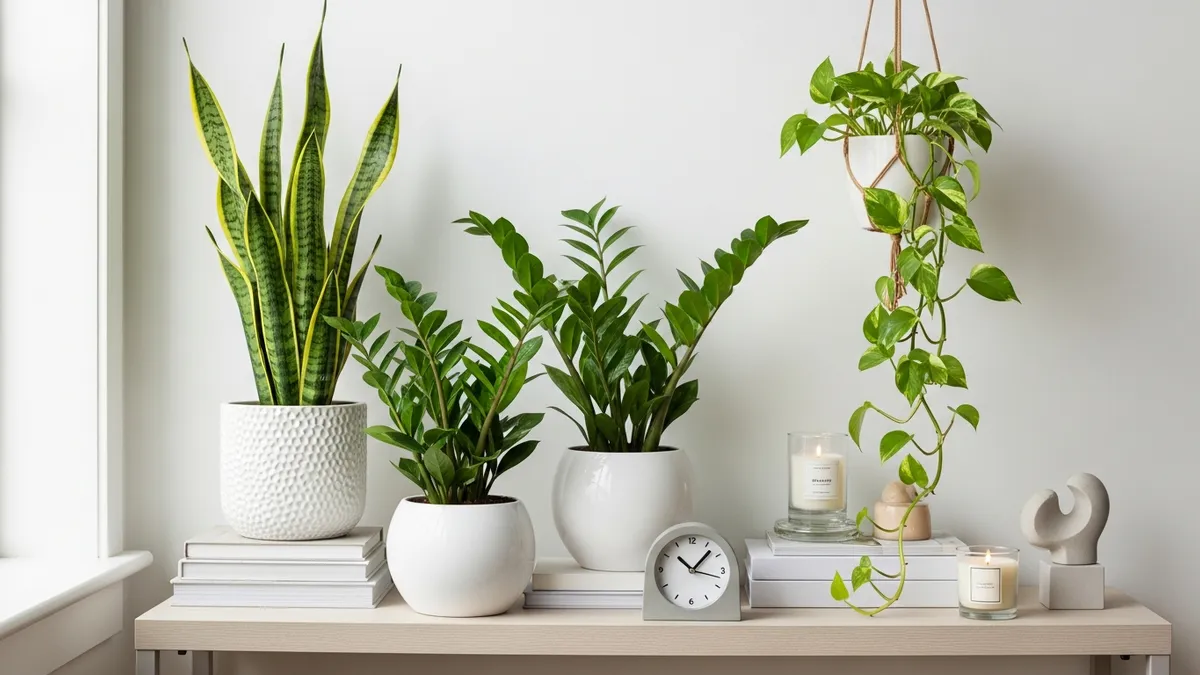 Low maintenance house plants in stylish planters for easy home care
