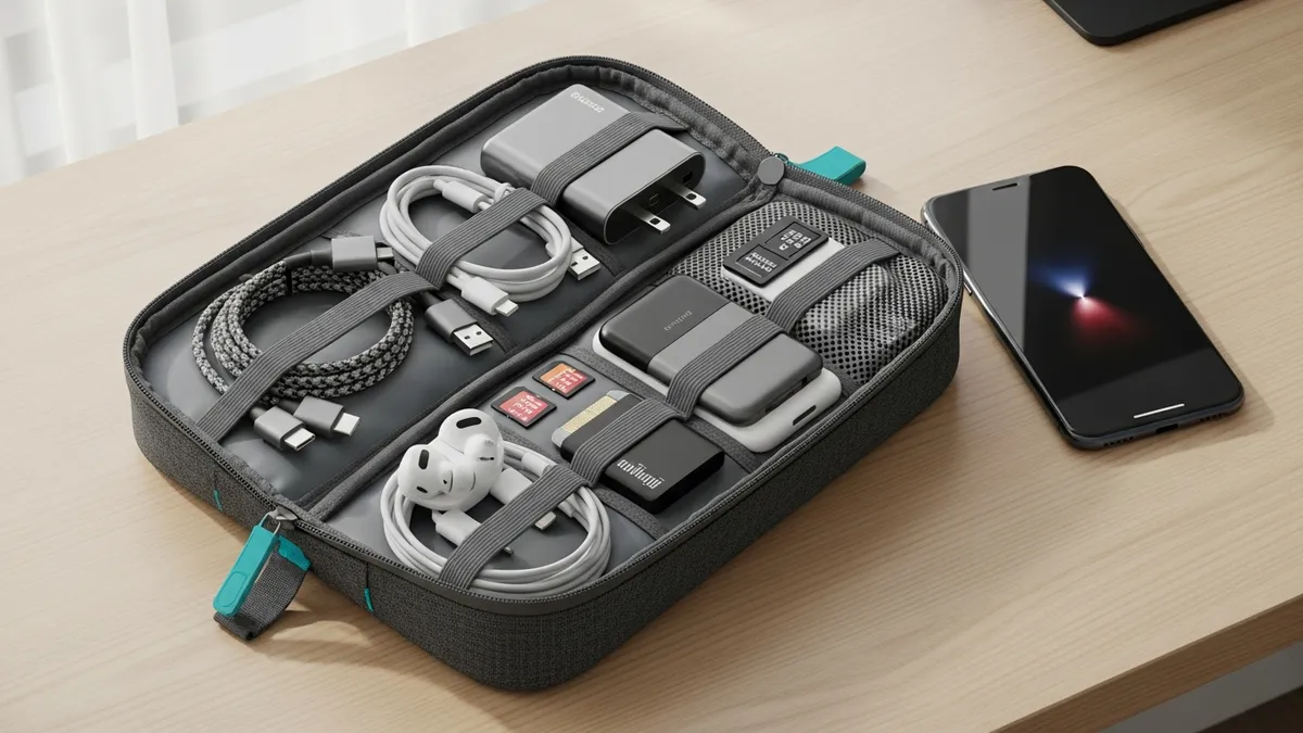 Electronics organizer bag showing cables, chargers, and tech accessories in organized compartments