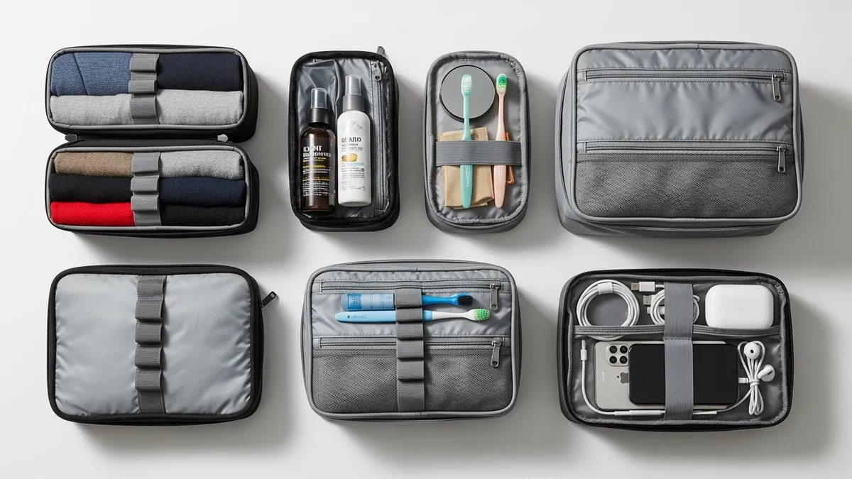 Various organizer bags with travel items neatly arranged showing compartments and organization features