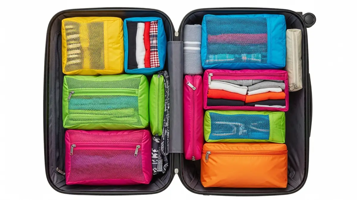 Packing cubes and organizer bags efficiently arranged inside an open travel suitcase