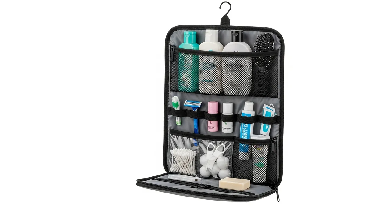 Hanging toiletry organizer bag displaying multiple compartments with bathroom essentials