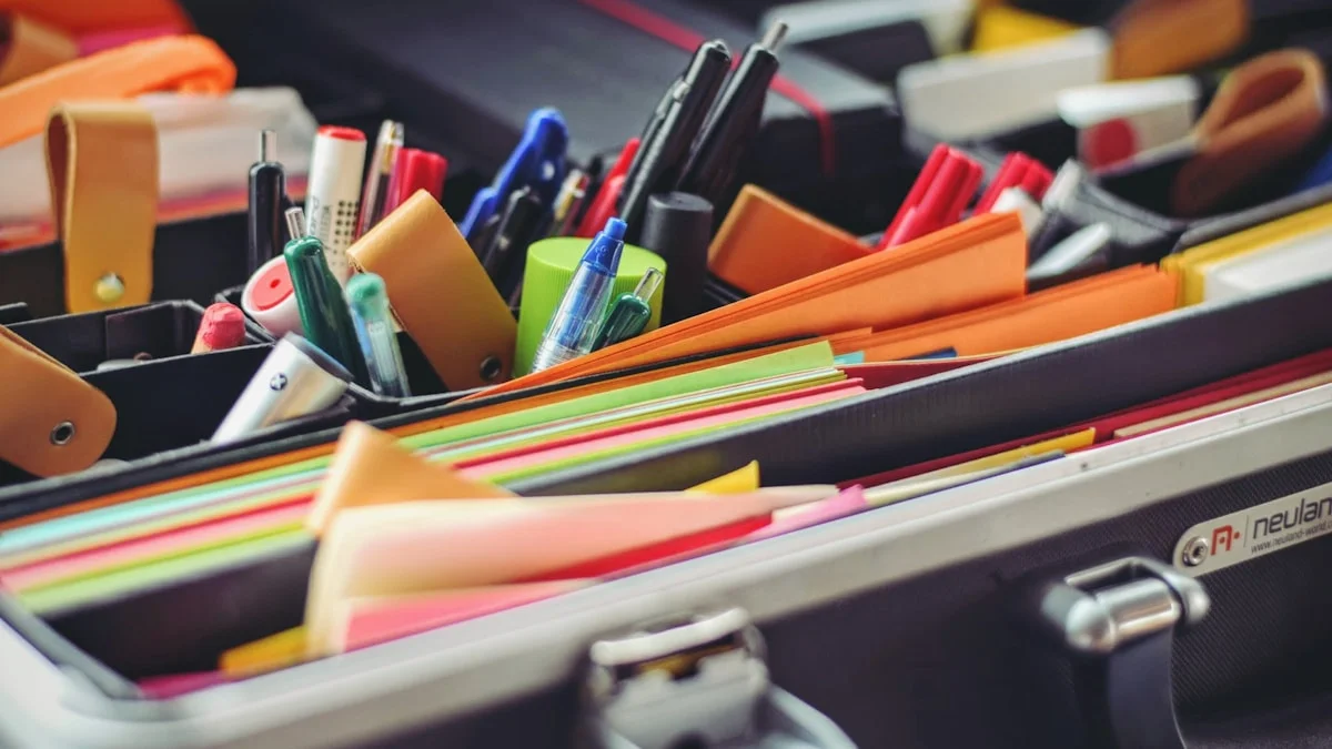 Desk organizers from various materials arranged in a minimalist workspace